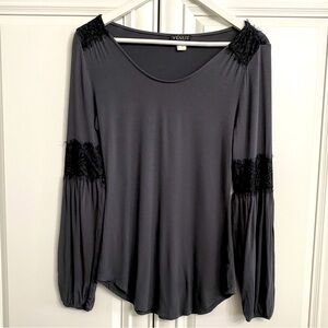 Venus Women’s Sz Small Scoop Neck Long Sleeve Shirt Grey with Black Lace Detail